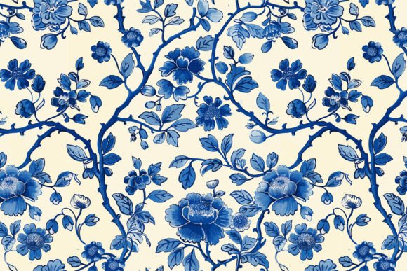 Chinoserie Floral Seamless Pattern 01 and Blue Chinese Traditional Ornament Seamless Pattern 01