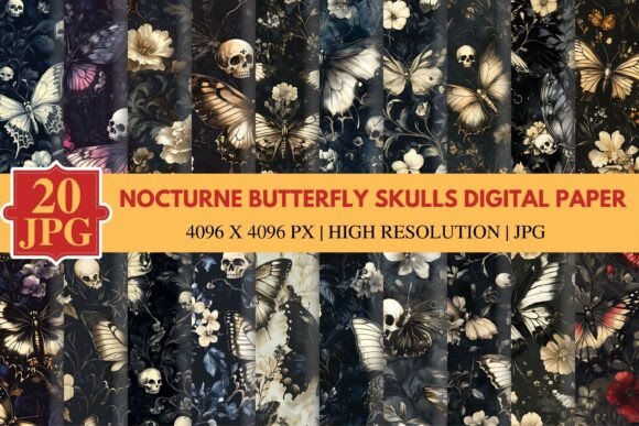 Nocturne Butterfly Skulls Digital Paper: A Dark Gothic Design Essential