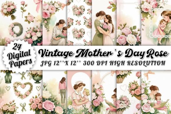 Vintage Mother’s Day Rose Digital Paper Set